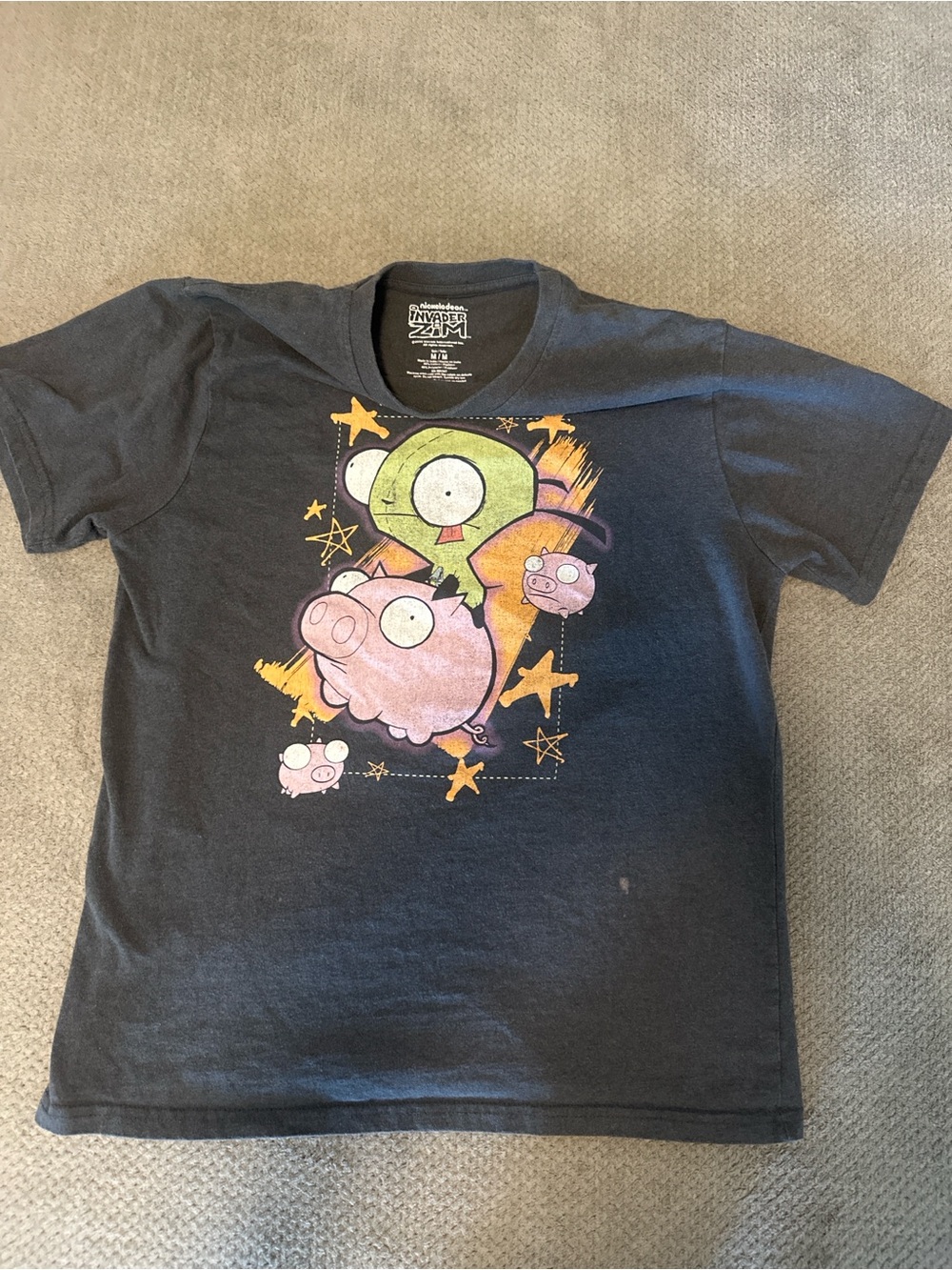 Nickelodeon Black Invader Zim Tee with Pink Pig & Green Alien Graphic